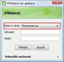 Přihlašovací dialog s novým datovým zdrojem