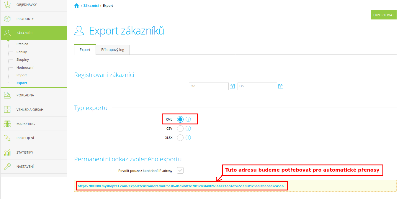 Export zákazníků ze Shoptetu do XML