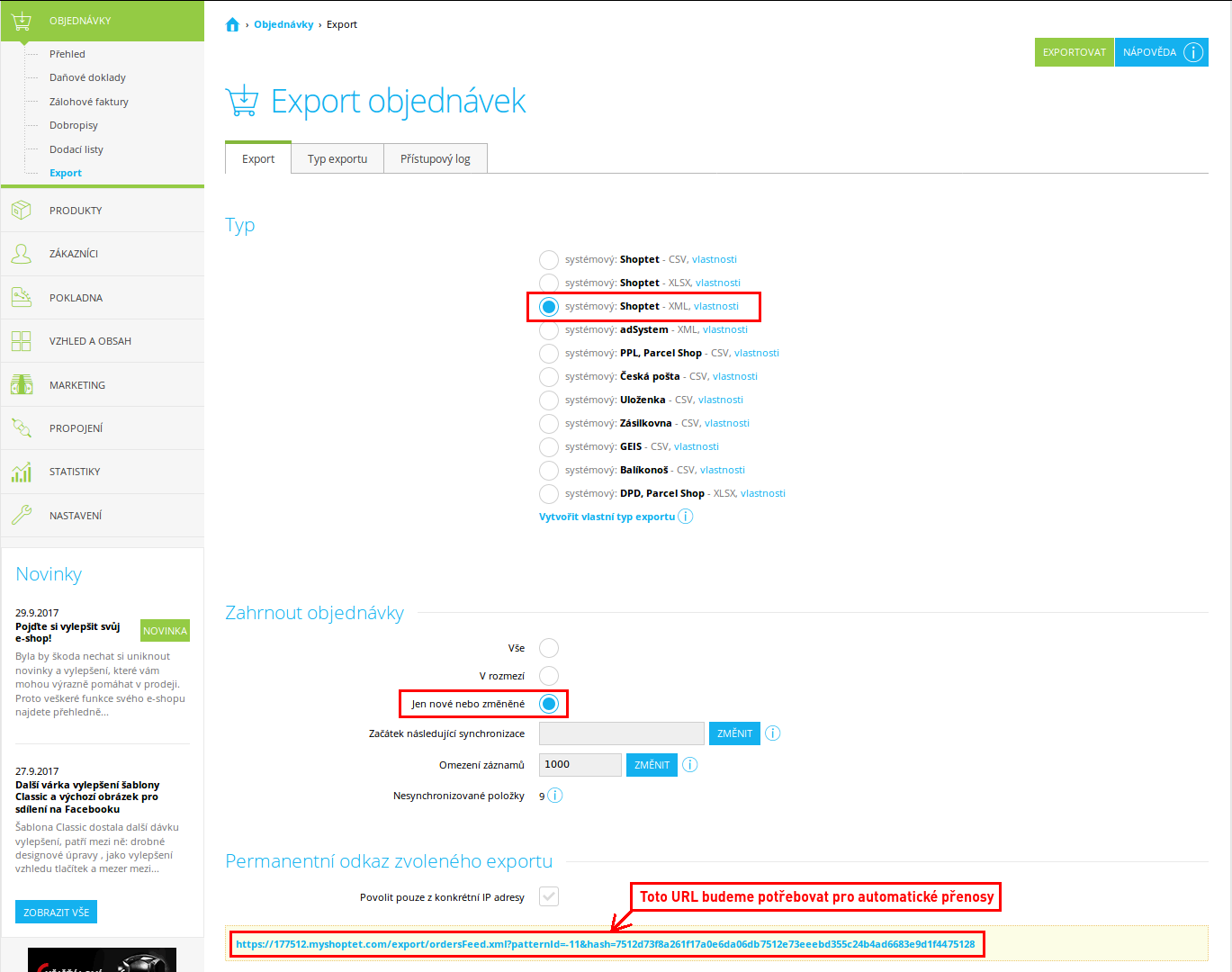 Nastavení exportu objednávek v Shoptetu