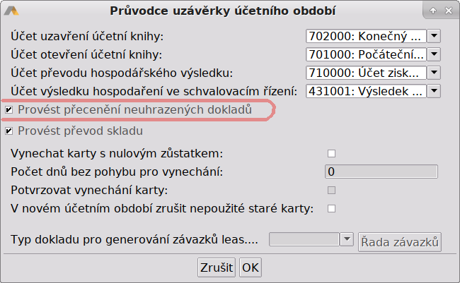 Nová volba účetní uzávěrky - Provést přecenění neuhrazených dokladů