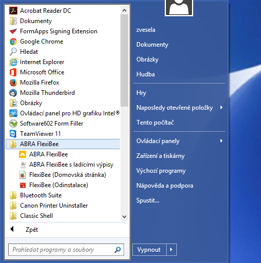 Odkaz na odinstalaci FlexiBee v hlavní nabídce